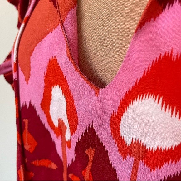 Feather & Find Ruffle Trim Tie V-Neck Red Multi Printed Rayon Paradiso Top EUC S - Picture 8 of 9